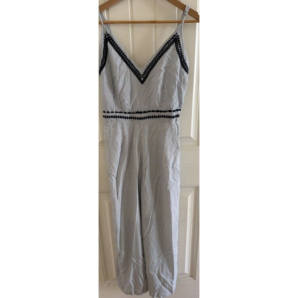 Japna Women’s Blue Striped Wide Leg Spaghetti Strap Jumpsuit Romper Size Small